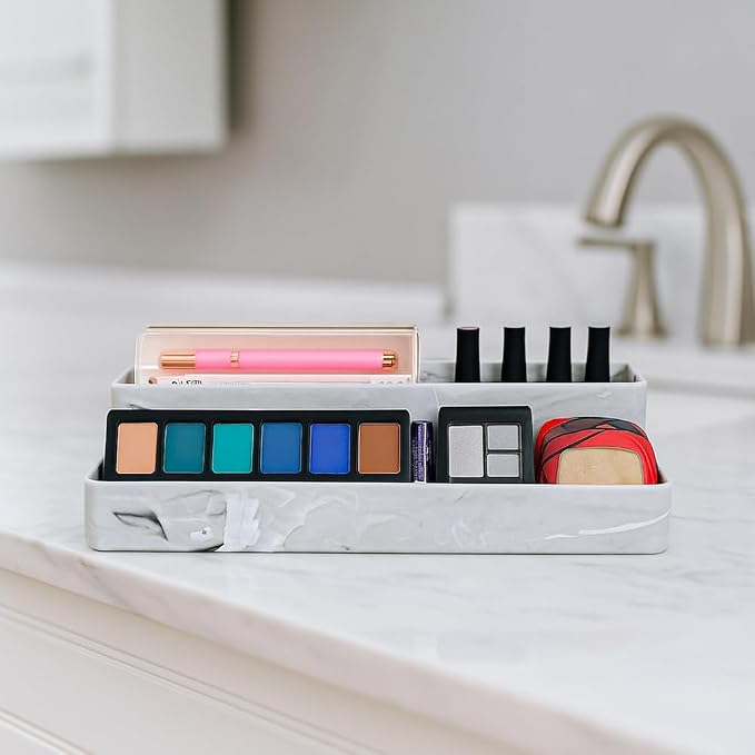 Best Kept | Under Shelf Storage | Plastic | Laundry Room Organization | Perfume Organizer | Bathroom Vanity Organizers | 3-Piece Light/White Marble Trays