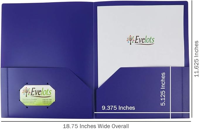 Evelots 2 Pocket Folders-12 Pack - Double Pocket Durable Plastic Folder - Letter Size - Business Card Slot - Flexible - Office, School, Home - 6 Color