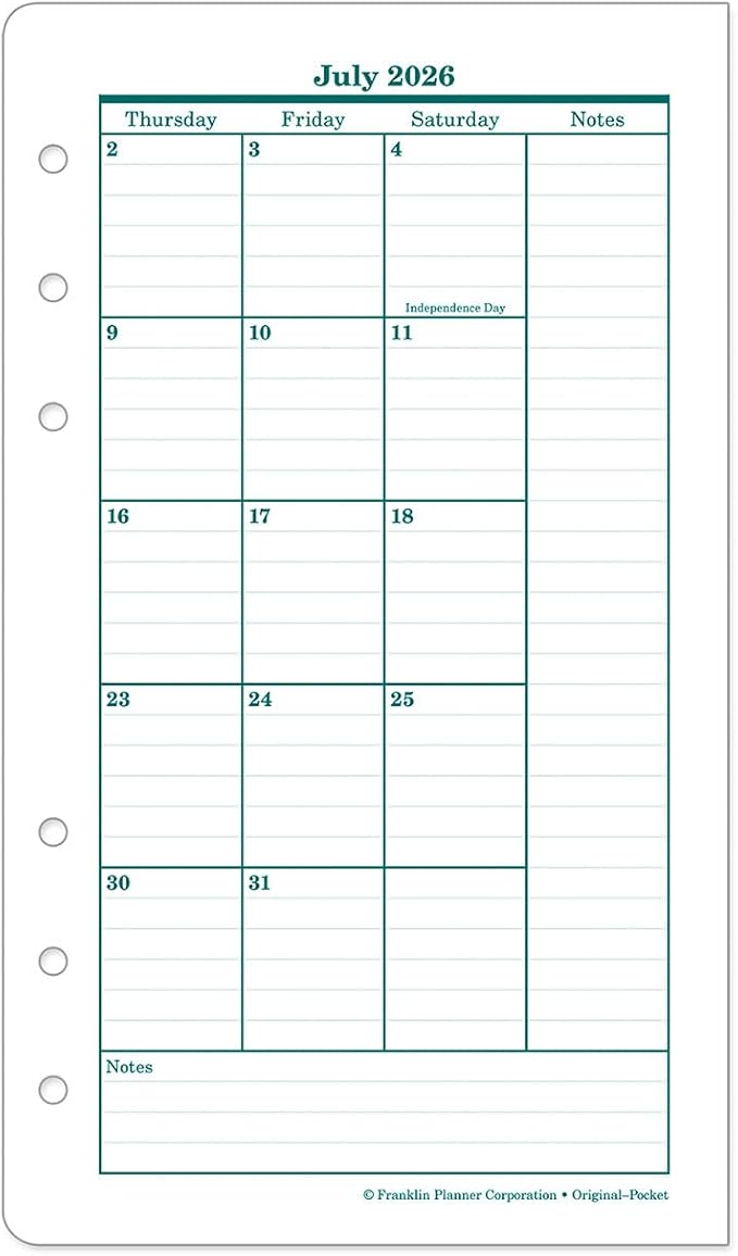 FranklinCovey - Original Ring-Bound Planner Refill - Two Page Per Month Calendar Tabs (Pocket, Jul 2026 - Jun 2027)