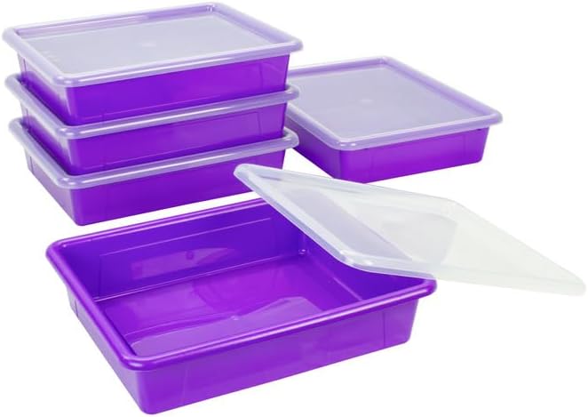 Storex Flat Storage Tray with Lid, Letter Size, 10 x 13 x 3 Inches, Violet, 5-Pack