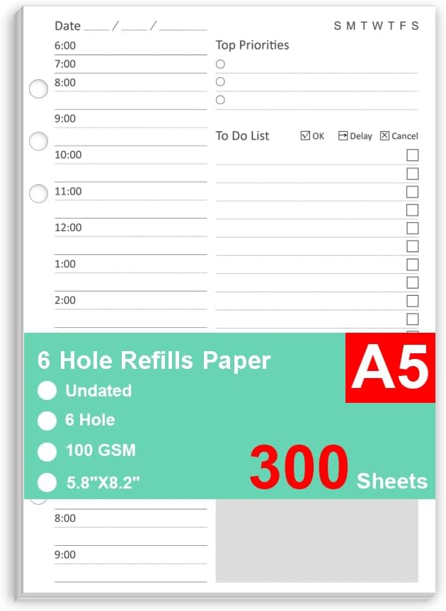 (3 Pack) Undated Daily Planner Refill - A5 Planner Inserts, 300 Sheets/600 Pages, 6 Hole Refills Paper, Planners Refills for Filofax, College Ruled, 5.8 X 8.26 Inch, 6-Hole Punched, 100gsm