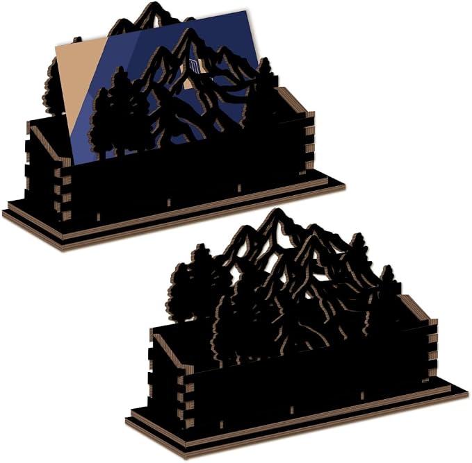 2Pcs Mountain Business Card Holder for Desk 4.5 x 1.6 x 3.5 Inch Business Card Display Stand Black Mountain Forest Wooden Decorative Organizers for Office Desktop Home Tabletop Decorations