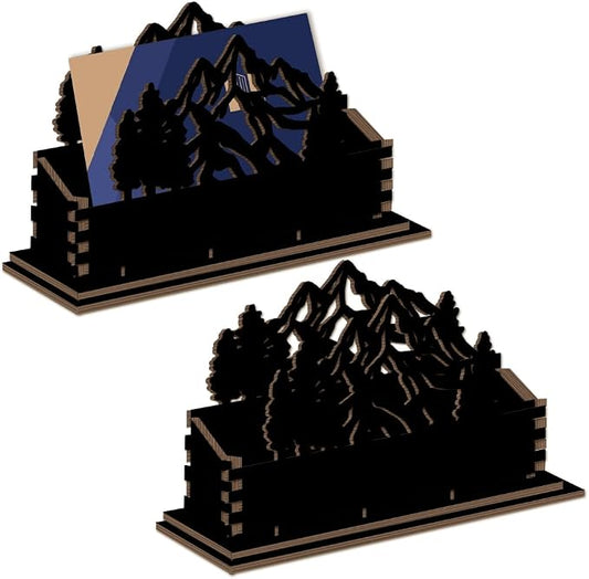 2Pcs Mountain Business Card Holder for Desk 4.5 x 1.6 x 3.5 Inch Business Card Display Stand Black Mountain Forest Wooden Decorative Organizers for Office Desktop Home Tabletop Decorations