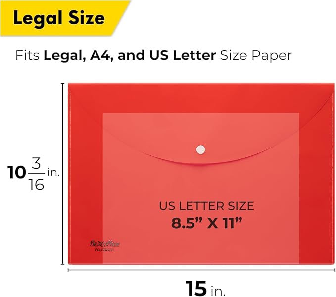 FLEXOFFICE 12 Pack Red Plastic Envelopes with Snap Closure, Legal Size, 15"x10.2", File Folders for A4 Size, Letter Documents for Business, School, Home