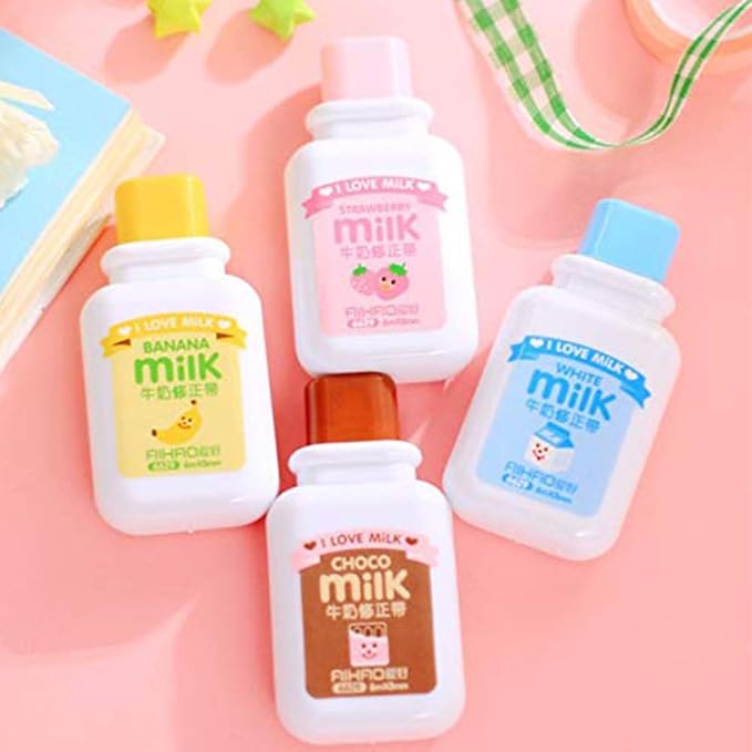 4PCS Milk Bottle Style Correction Tape,Cute Kawaii Stationery Tear Resistant White Tapes for School Office Supplies(Random Color)