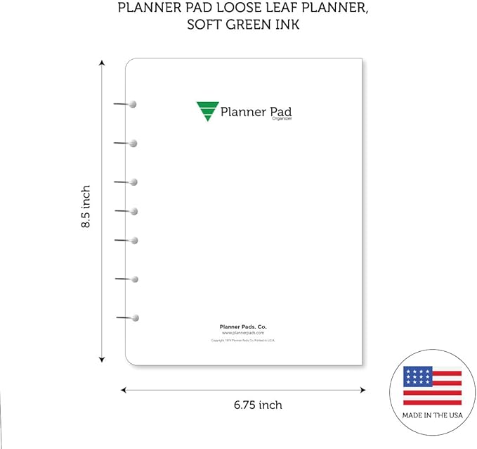 Planner Pad 7 Hole Loose Leaf 3-Tier Funnel Down 12 Month Organizer, October 2025 – September 2026, Soft Green Ink, 6 3/4" x 8 1/2"