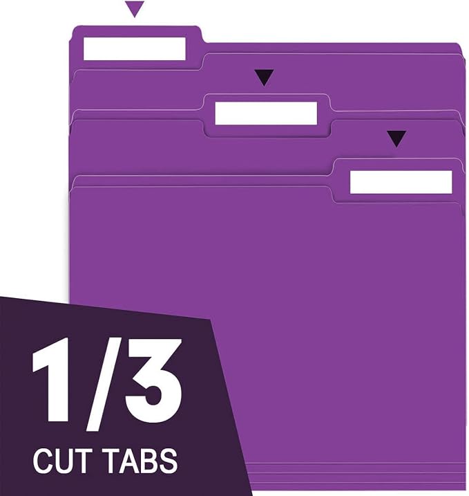 File Folder, RAZCC 150 Pack 1/3 Cut Tab File Folders Letter Size, Purple, Folders, Folders with Tab, Great for Organizing and Easy File Storage