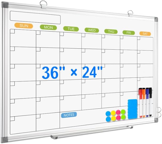 Monthly Calendar Dry Erase Whiteboard for Wall, 36" x 24" Magnetic Dry Erase Board, Hanging Double-Sided White Board, Portable Board for School, Planning, Memo, Home, Office, 2025 Calendar