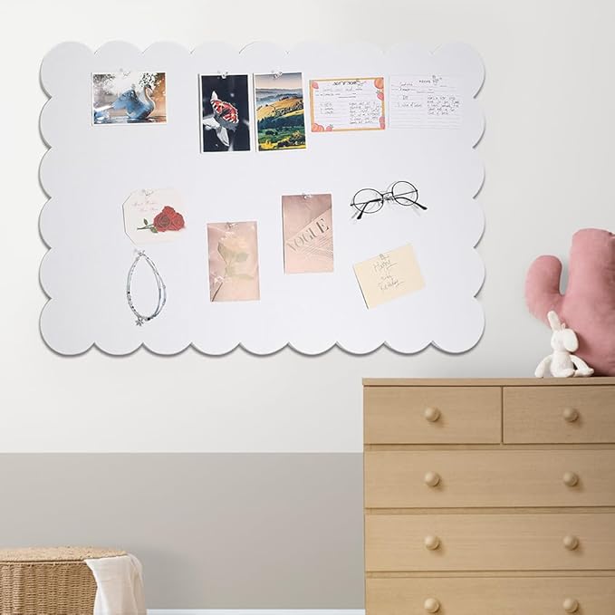 1Pcs Scalloped Felt Bulletin Board, 35.4x23.6Inch Foldable Picture Boards with 20 Pushpins Self-Adhesive Vision Board Decorative Pin Board for Mother's Day Wall Home Office(Creamy White)