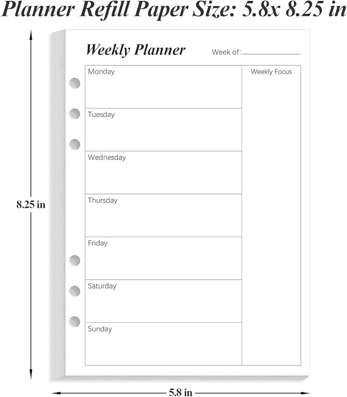 Weekly Planner Refills for A5 Binders - 53 Sheets/106 Pages Undated Weekly Planner, 6-Hole Punched, 100 gsm White Paper, Lasts 1 Year, Undated, 5.8" x 8.3", Black