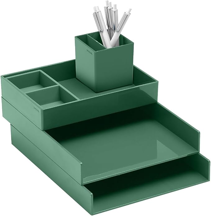 Poppin Super Stacked Desk Set - Sage, Medium Accessory Tray, Letter Tray, This + That Tray, Double-Compartment Pen Cup and 6 Signature Ballpoint Pens, Complete Office Organizer Set