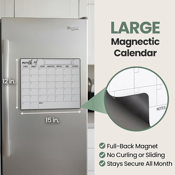 Magnetic Fridge Calendar 15” x 12” – Dry Erase Fridge Calendar with Full-Back Magnet, Monthly Refrigerator Planner Board with Magnetic Pen Holder, 6 Markers & Eraser, Reusable Kitchen Organizer
