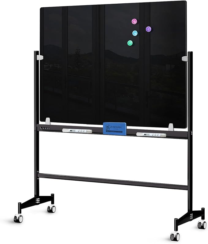Mobile Black Magnetic Glass Board on Wheels 60x40 - Rolling Black Glass Whiteboard Height Adjust Portable Easel, Movable Tempered Glass Dry Erase Board, ZHIDIAN Large Blackboard with Stand