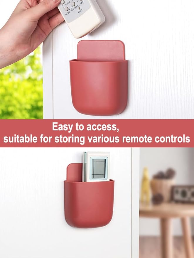 AKOAK Wall-mounted Remote Control Holder, Self-adhesive Wall-mounted Storage Case - Cell Phone, Pen, Makeup Brush, Glasses, Storage Case Next to Desk, Pack of 1 (Red)