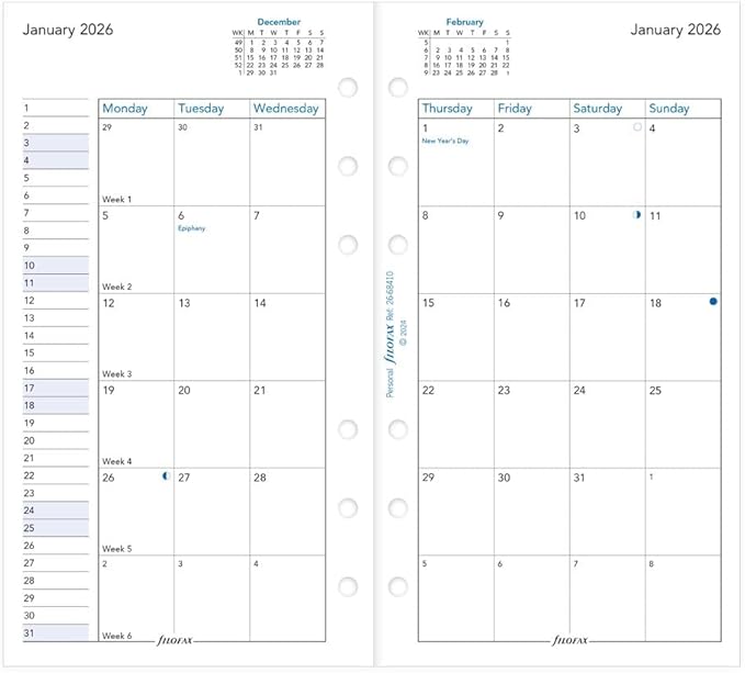 Filofax Calendar Diary Refill, Personal/Compact Size, Month-to-View, White Paper, English, 2026 (C68410-26)