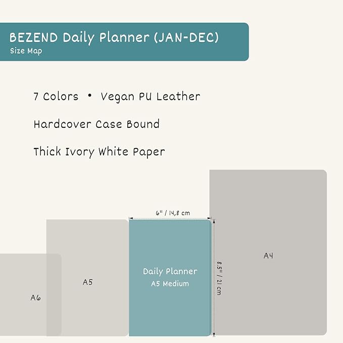 BEZEND Daily Planner 2026 (6" x 8.5") Full Page per Day Even Weekend (Jan-Dec) Monthly Calendar with Tabs, 2 Columns for Dual Schedule with Note, Vegan Leather Hardcover in Mustard