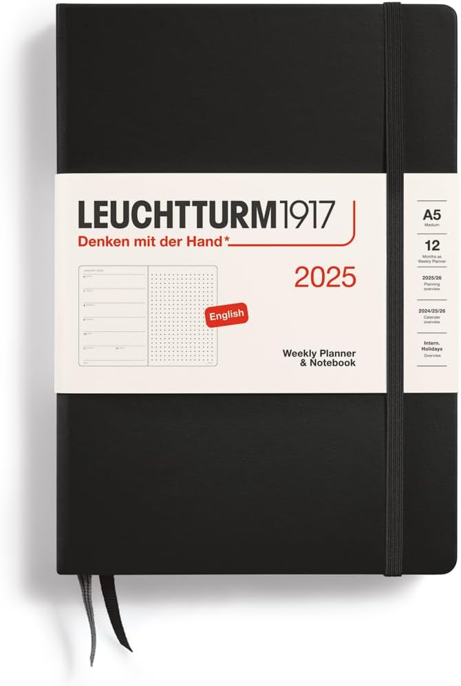 LEUCHTTURM1917 - Weekly Planner & Notebook Dotted 2025, Hardcover, Medium (A5), Black (Jan 1 - Dec 31, 2025)