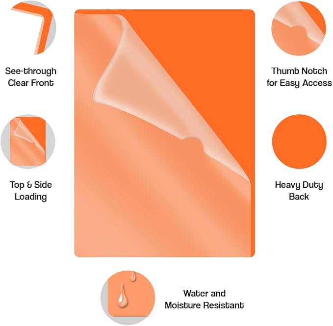 Doctor Stuff - 100 Pack L-Type Vinyl Plastic File Folders Letter Size, Orange Pocket Project Folders Clear Front, Documents Holder for Home, High School, Office and Medical Files
