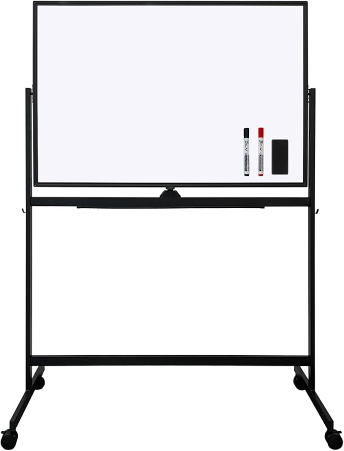 48" × 32" Double Sided Mobile Whiteboard, Dry Erase Board on Wheels with Rolling Stand, 360° Rotating & Height Adjustable, 3-Level Adjustment, Black Frame, for Office Classroom Home