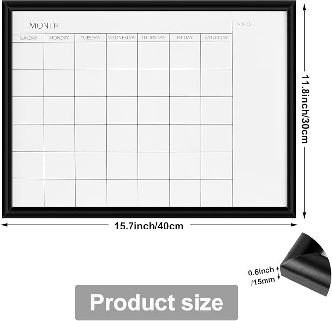 TORASO Dry Erase White Board & Monthly Calendar Board, Black Wooden Frame, Small Size Planning Board for Office, School and Home, 12" x 16"