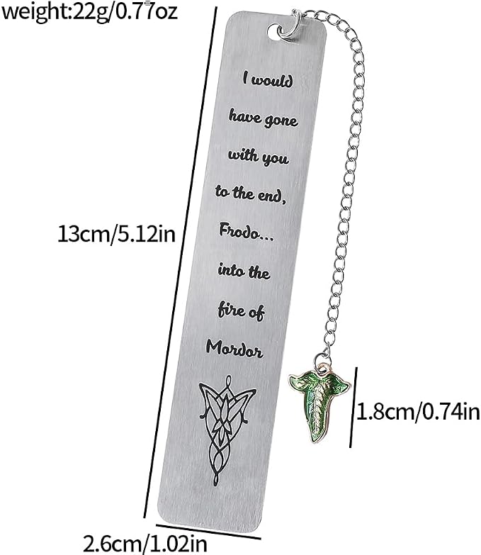1Pc Fantasy Bookmark Gift Set - Metal Bookmarks with Elvish Leaf Pendant, Sword Charm & Evenstar Engraving, Epic Quotes Carved Jewelry for Book Lovers, Dark Academia Gifts for Readers (Elvish Leaves)