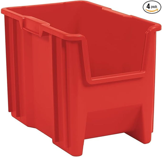 Akro-Mils 13014 Stak-N-Store Heavy Duty Stackable Open Front Plastic Storage Container Bin, (17-1/2" x 11" x 12-1/2"), Red, (4-Pack)