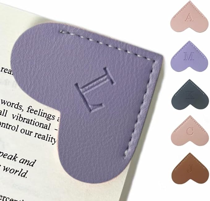Personalized Leather Book Marks, Heart Bookmark, Unique Cute Handmade Letter Bookmarks Accessories for Reading Women, Teacher, Student, Book Lovers Book Mark Gifts (Purple, L)