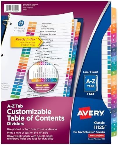 Avery A-Z Dividers for 3 Ring Binders,26 Tabs per Set,Customizable Table of Contents,Multicolor Tabs,Great for Organizing Reports,Projects,and More (11125),(Pack of 12)