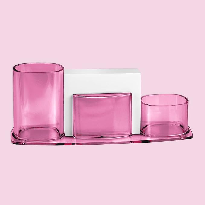 Acrimet Millennium Desk Organizer Cup Caddy – Plastic Desktop Holder for Pen, Pencil, Clips, Desk Accessories & Memo Paper – Includes 200 Sheets of Memo Paper (Clear Pink Color)