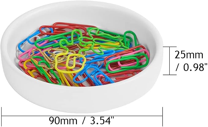 MEI YI TIAN Small Ceramic Paperclip Holder for Desk, Round Paper Clip Holder Push Pin Organizer Macaron White Paper Clip Dispenser Desktop Organizer Cute Storage Plate Desk Accessories