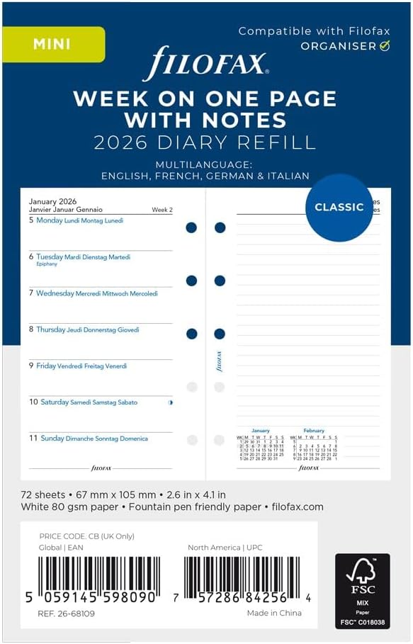 Filofax Calendar Diary Refill, Mini Size, Week on One Page with Notes, White Paper, Unruled, Multilingual: Four Languages, 2026 (C68109-26)