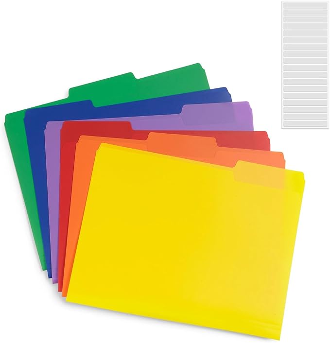 36 Pack Plastic File Folders with Pocket, 1/3 Cut Tab Heavy Duty Poly Manila File Folder with Sticky Labels, Bulk Thick Assorted 6 Colors Document Organizer for Home Business Office Supplies