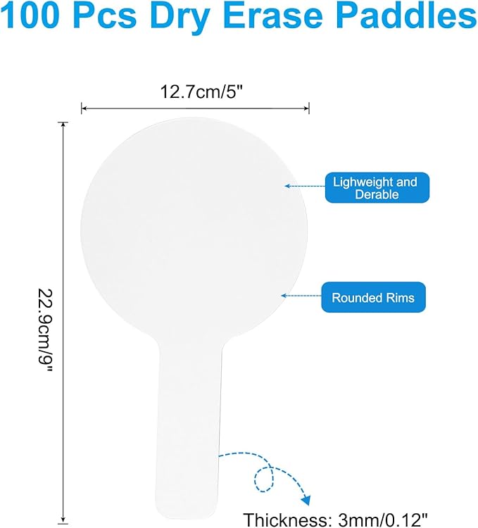 PATIKIL 9x5in Thickened Dry Erase Paddles, 100Pcs Handheld Double Side Circle Answer Paddle Dry Erase Boards for Voting Game Teaching Classroom Office Party