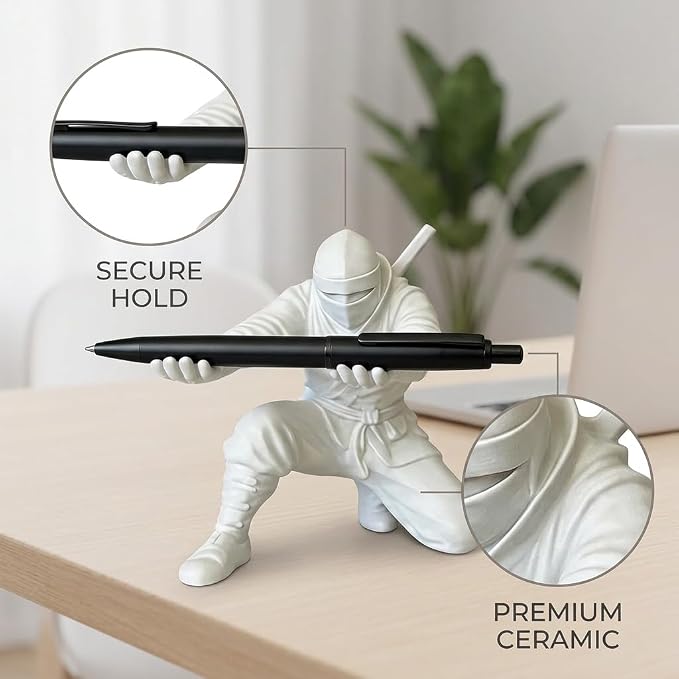 3.5 in Ninja Pen Holder, Ninja Warrior Pen Holder for Desk, Pen Holder with Sword Pens, Large White Ninja Warrior Accessories, Unique Office Desk Organizer