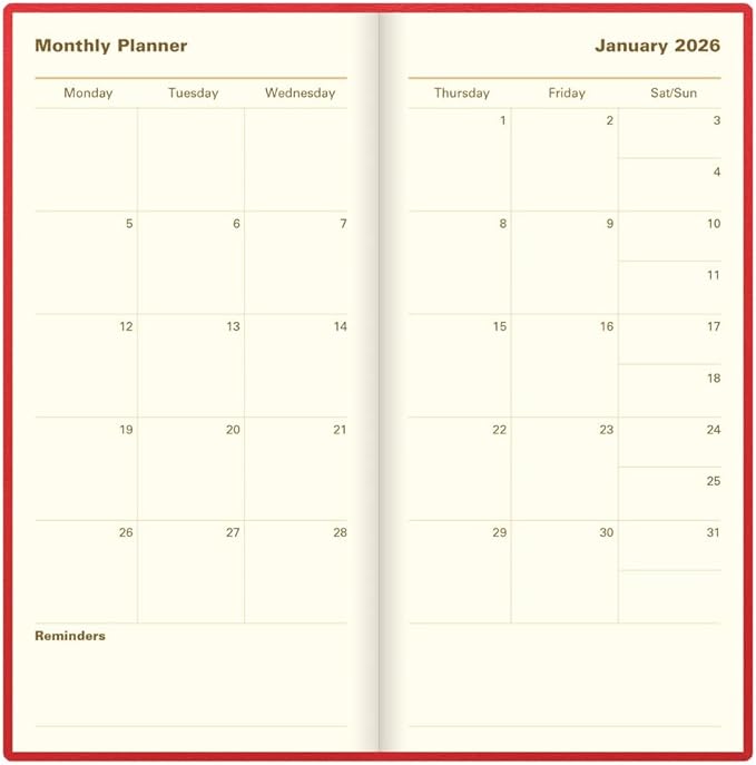 Letts of London® 2026 Belgravia Weekly/Monthly Appointment Book and Planner, 12 Months, January to December, Italian Leather, Vertical, Slim Size, 6.625" x 3.25", English, Red (C33SURD-26)
