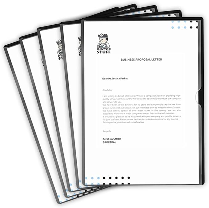 Doctor Stuff - 25 Pack L-Type Vinyl Plastic File Folders Letter Size, Black Pocket Project Folders Clear Front, Documents Holder for Home, High School, Office and Medical Files