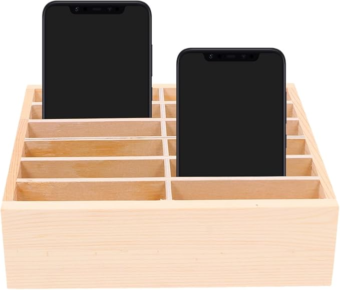 SEWACC Wooden Cell Phone Storage Box 2 Pack 12 Grid Organizer Box Mobile Phone Storage Organizer for Classroom Home Office Desktop Use