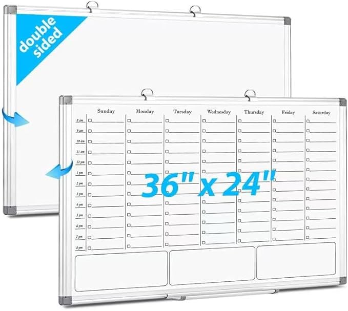 ONAVIA Weekly Calendar Dry Erase Board for Wall, Hanging 36"×24" Double-Sided Magnetic Whiteboard with Hourly Slots, for Planning, Memo, to Do List, Home, Office, Work