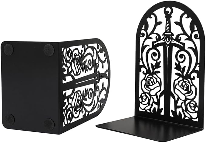 Book Ends, Bookends, Book Ends for Shelves, 2Pair Non Skid Metal Book Divider Decorative Holder, Abstract Art Desgin Book Stopper Supports for Office, Home (Sword Rose)