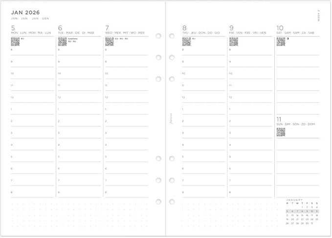 Filofax Calendar Diary Refill, A5 Size, Week-to-View with Appointments, Minimal Diary Pack, Vertical, White Paper, Multilingual: Five Languages, 2026 (C68593-26)