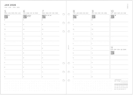 Filofax Calendar Diary Refill, A5 Size, Week-to-View with Appointments, Minimal Diary Pack, Vertical, White Paper, Multilingual: Five Languages, 2026 (C68593-26)