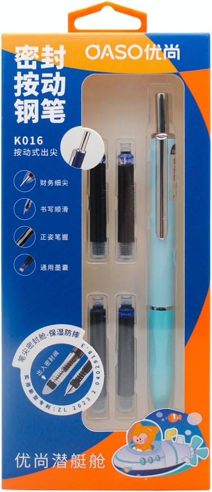 OASO K016 Retractable Fountain Pen Set 0.5mm with 4pcs Blue Ink Cartridges Smooth Writing for School Students (Wave Blue)