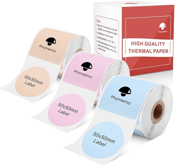 Phomemo M110 Round Labels, Self-Adhesive Thermal Label Stickers Compatible with M110 M120 M200 M220 M221 M150 M250 M260 M108 M100 Label Printer, Black Text on Color, 1.96" x1.96 (50x50mm), 3/Rolls