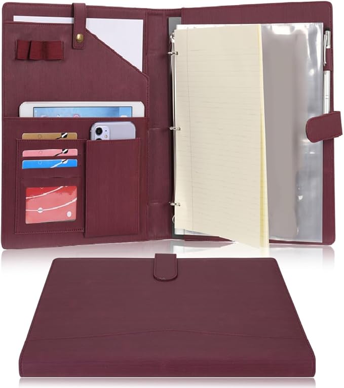 Wonderpool A4 PU Leather Portfolio Holder Ring File Document Case with Removable Binder Clipboard, Multi Pocket and Legal Pad for Business Organizer Interview and Meeting (Wine red)
