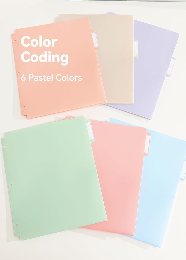 SortRax Plastic Folders with Pockets, 3 Hole Punched for 3 Ring Binder, 1/3 Cut Index Tabs for Quick Find, Pastel 6 Pack, Letter Size for School, Colorful Labels