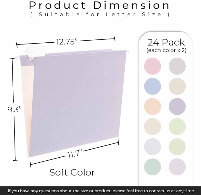 Y YOMA 24 Pack Colored Hanging File Folders Letter Size Decorative Hanging Folder Cute Pretty File Folder for Filing Cabinet Drawer Office Home with 1/5-Cut Adjustable Tabs, Soft Color