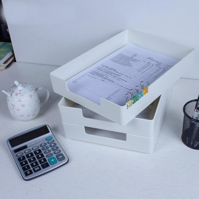 Desk Letter Tray, 2 PCS A4 Size Plastic Stackable File Document Organizer, Office Desktop File Paper Holder, Anti-Skid Stacking Support for Office Supplies (2X Off-White)