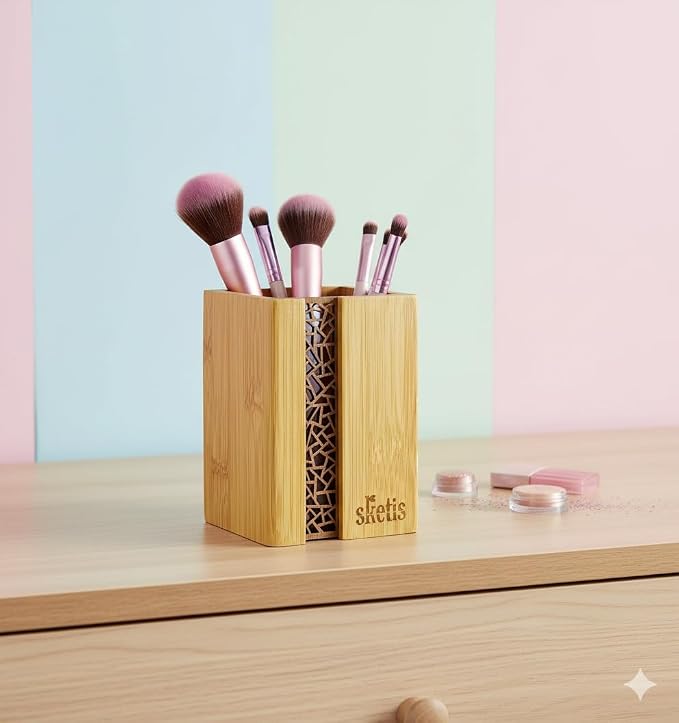 Premium Bamboo Wood Organizer—Multi-purpose Utensils, Pen, Pencil, Crayon, Marker, Brush, Ruler, Tube Holder for Supplies, Kitchen, Arts & Crafts and School & Home (3.14x 3.14x 4.33 Inch)