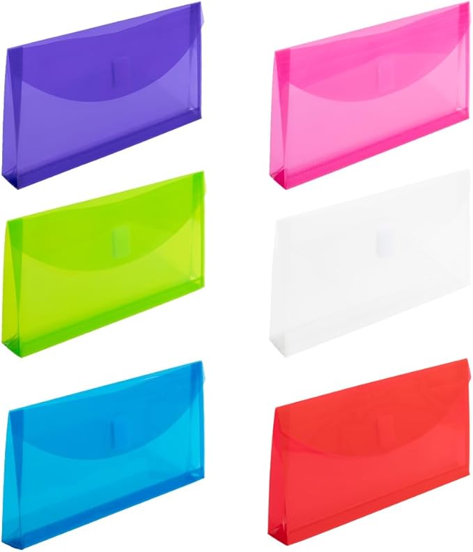 JAM PAPER Plastic Expansion Envelopes with Hook & Loop Closure - #10 Booklet Wallet - 5 1/4 x 10 with 1 Inch Expansion - Assorted Colors - 6/Pack