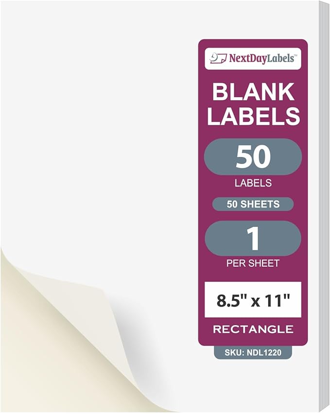 NextDayLabels - Full Page Labels 8.5 x 11 - White Shipping Labels - 8.5 x 11 Label Paper for Printer - Large Blank Matte Sticker Printer Paper - Laser/Inkjet Printer Labels (1 Per Sheet, 50 Labels)